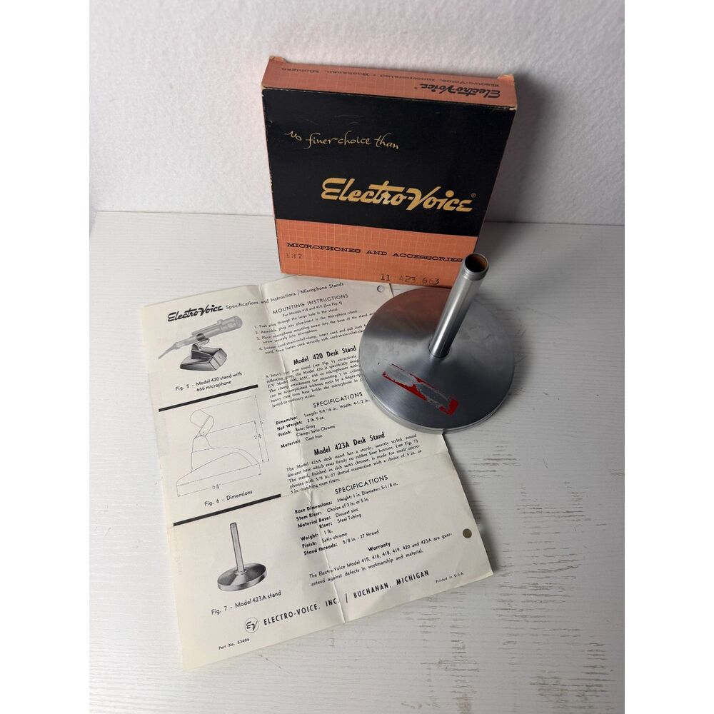 Vintage Electro-Voice 423A Microphone Desk Stand Chrome Original Box Manual USA
